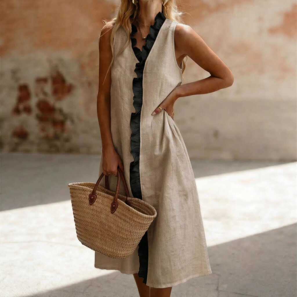 Lapel-trimmed Sleeveless Cotton-linen Midi Dress