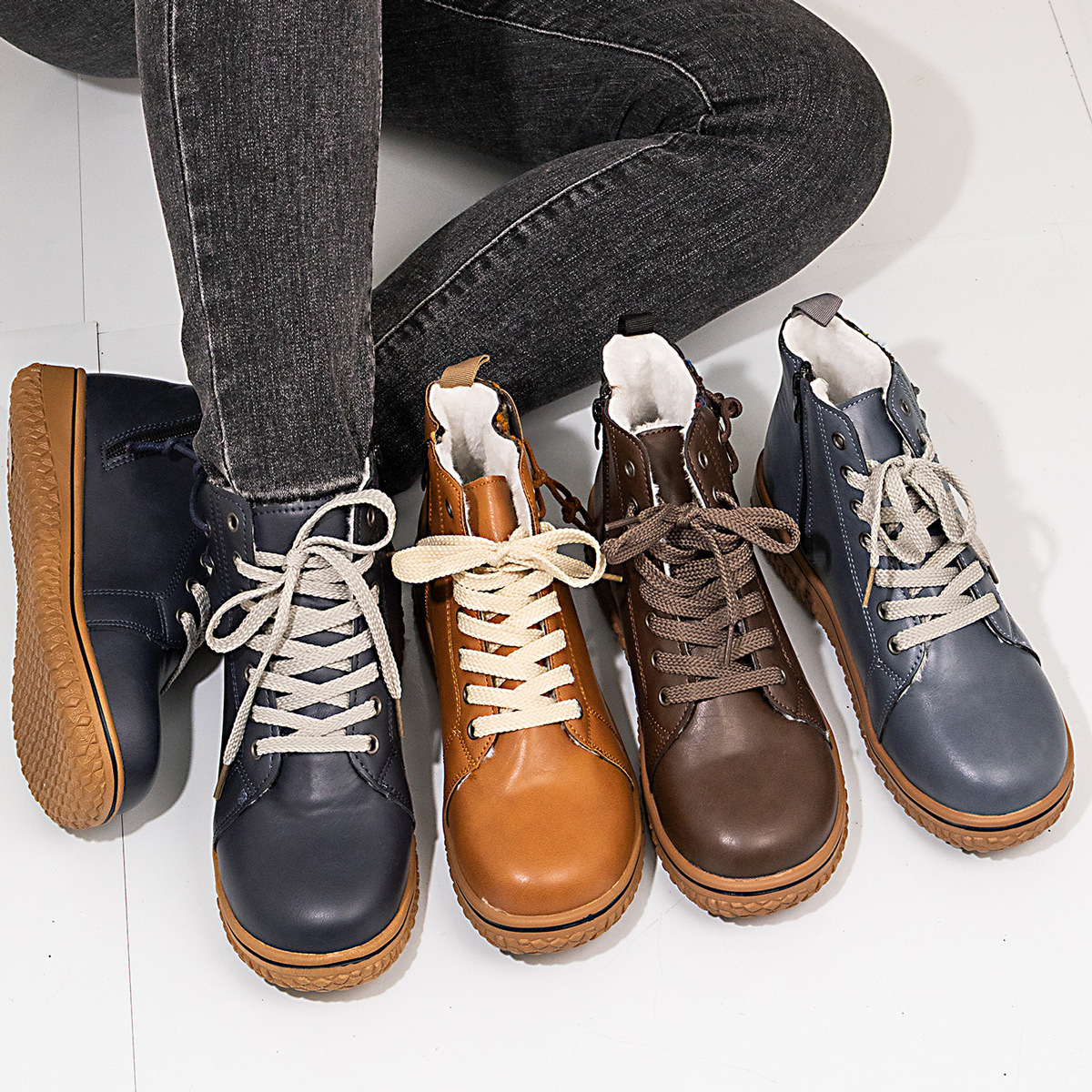 PU Casual Shoes With Front Laces, Winter Cotton Boots - Image 1