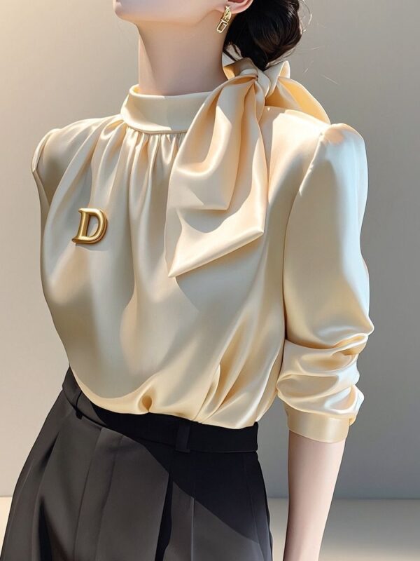 Champagne Satin Long-sleeve Shirt With A Bow-tie Tie-up Top - Image 2