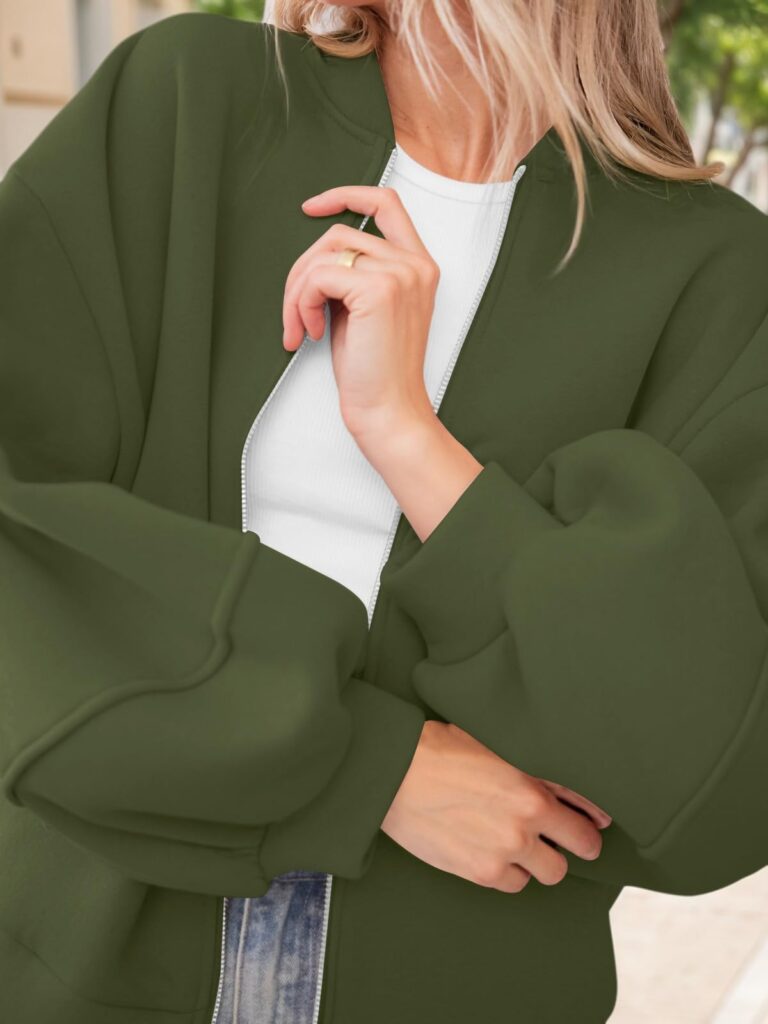Fisoew Womens Zip Up Sweatshirt Casual Bomber Jacket Lantern Sleeve Oversized Jacket Fall Outfits 2025