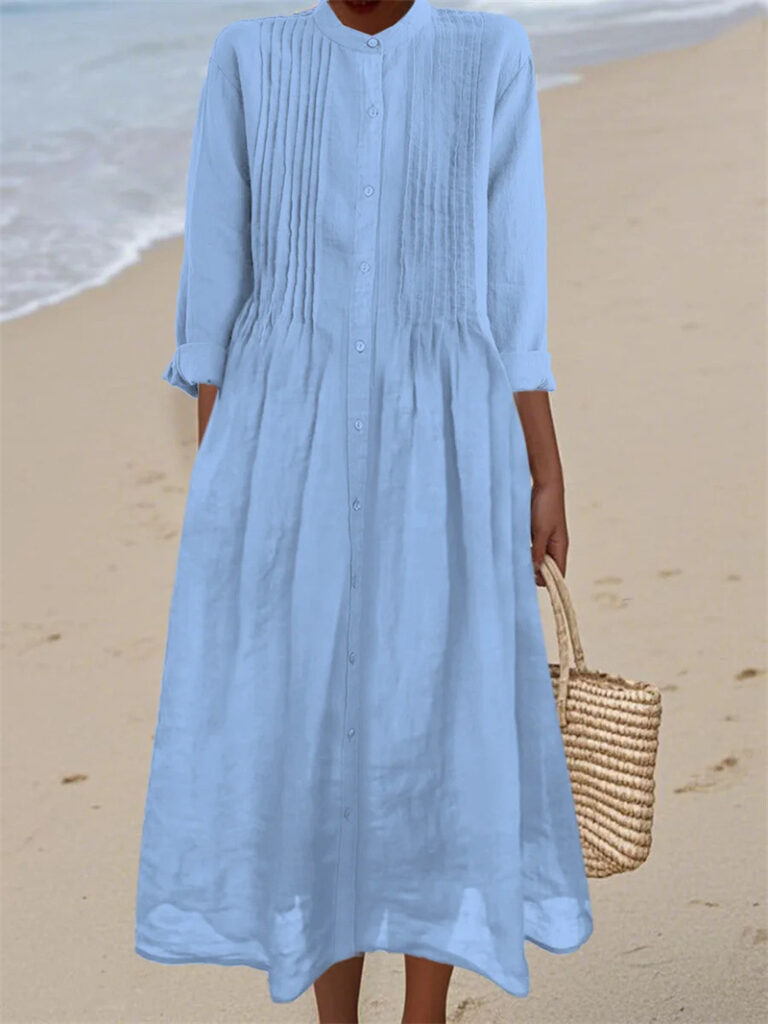 Long-sleeve Cotton-linen Womens Dress With A Shirt Collar