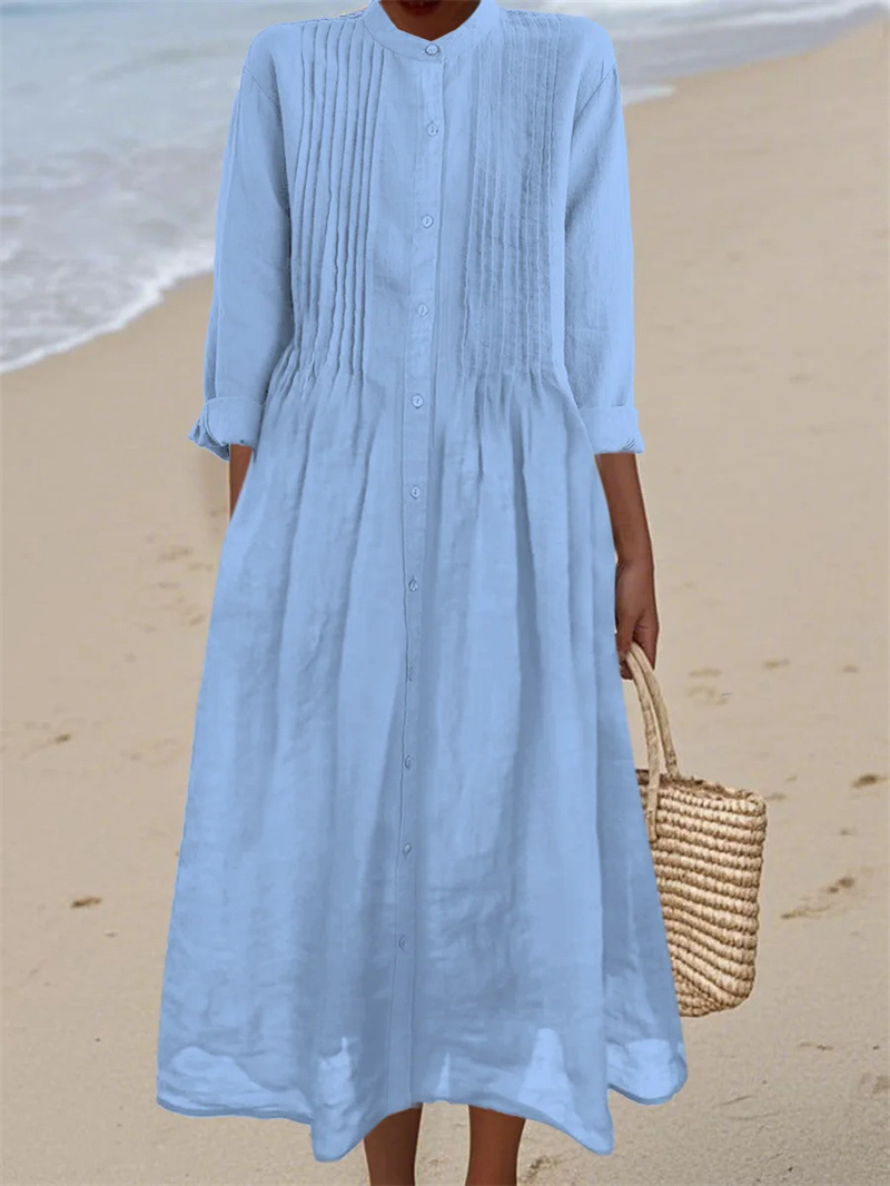 Long-sleeve Cotton-linen Womens Dress With A Shirt Collar - Image 3