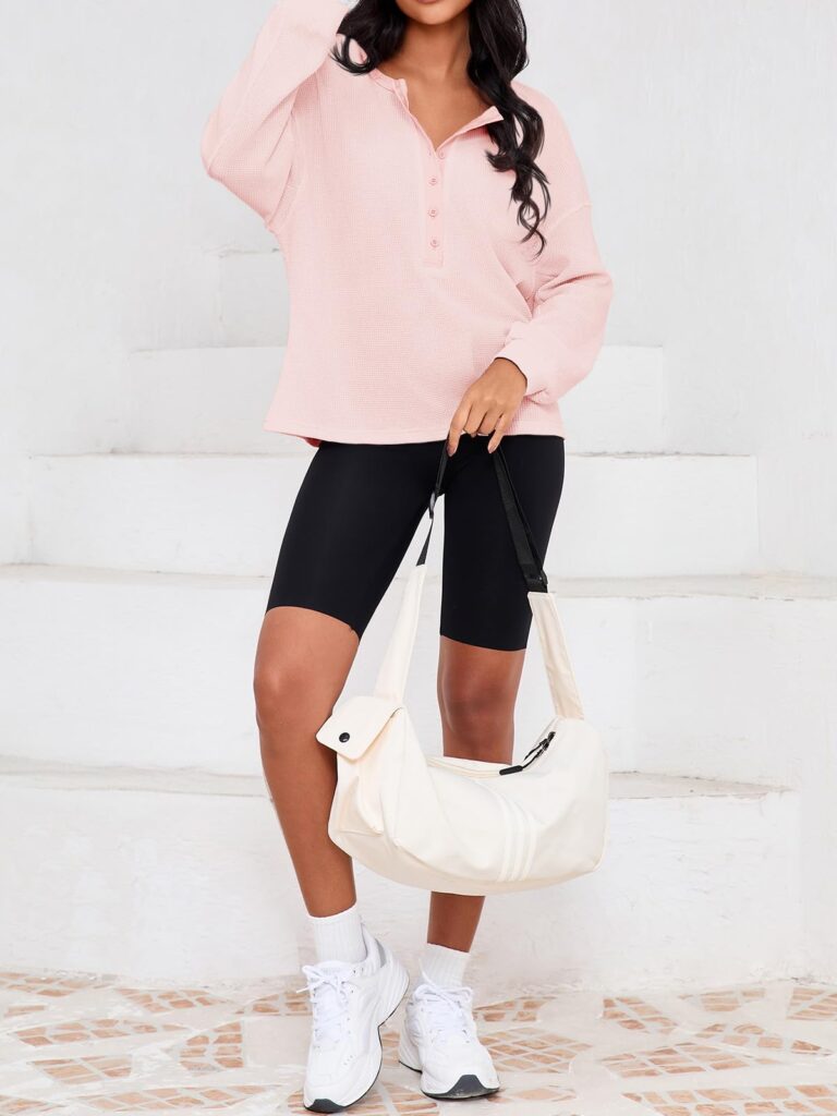 Fisoew Womens Cropped Sweatshirt Casual Waffle Knit Button V Neck Long Sleeve Loose Fit Fall Crop Tops