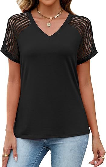 Loose-fitting Hollow-out Mesh Panel V-neck Short-sleeve Top - Image 8