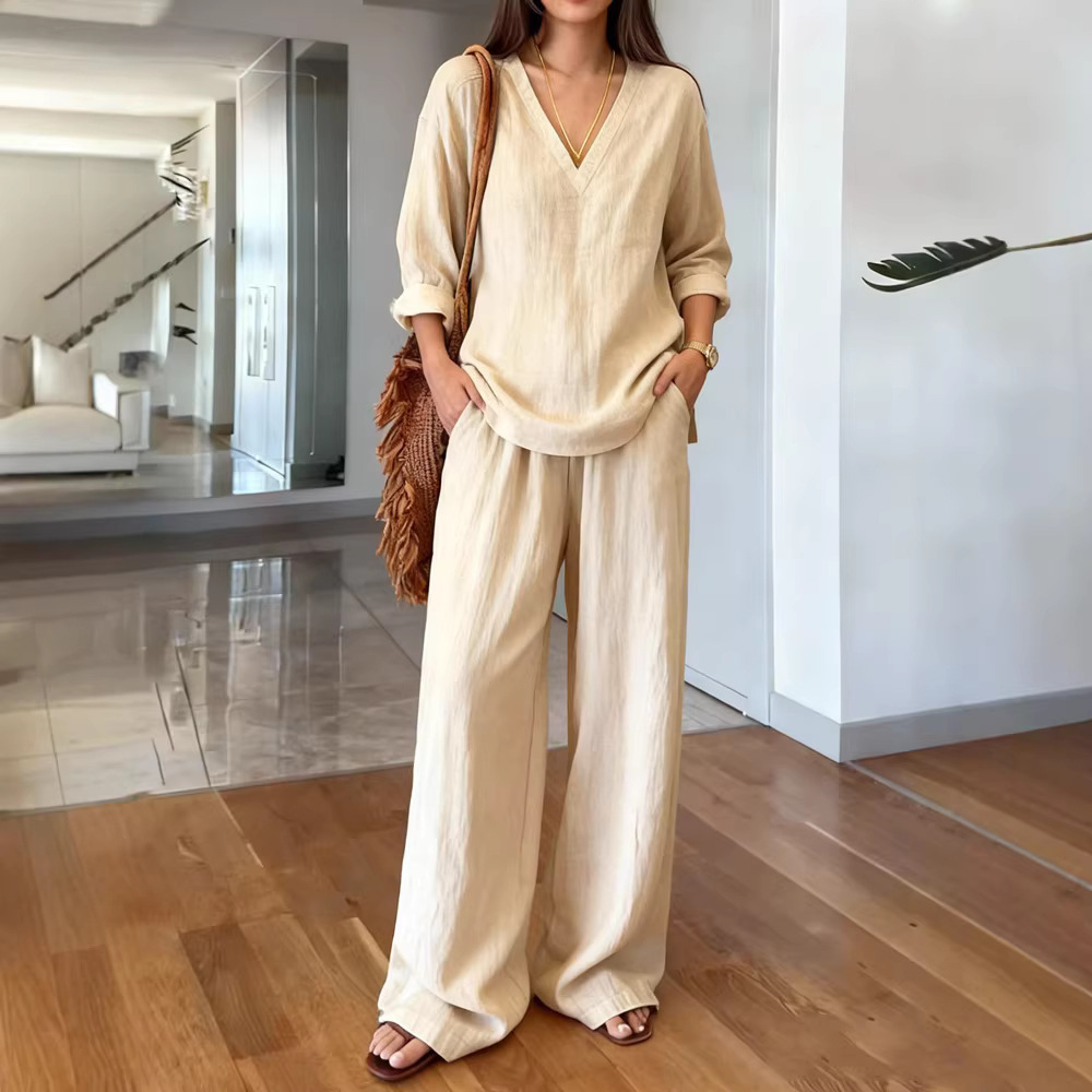 Womens Washed Cotton Multi-Color V-Neck Pullover Long-Sleeve Top And Pants Set - Image 6