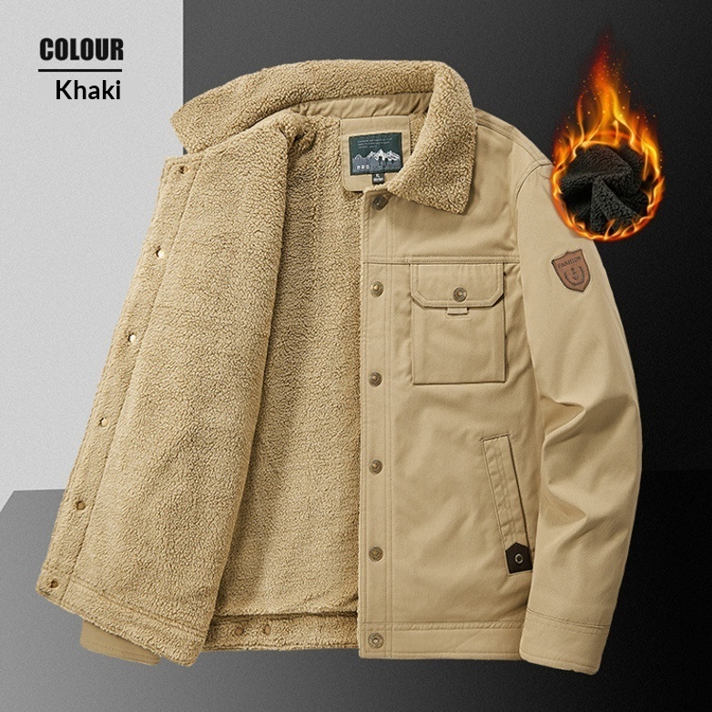 Washed Jacket For Men Fleece-lined And Thickened Lambswool Casual Style - Image 1