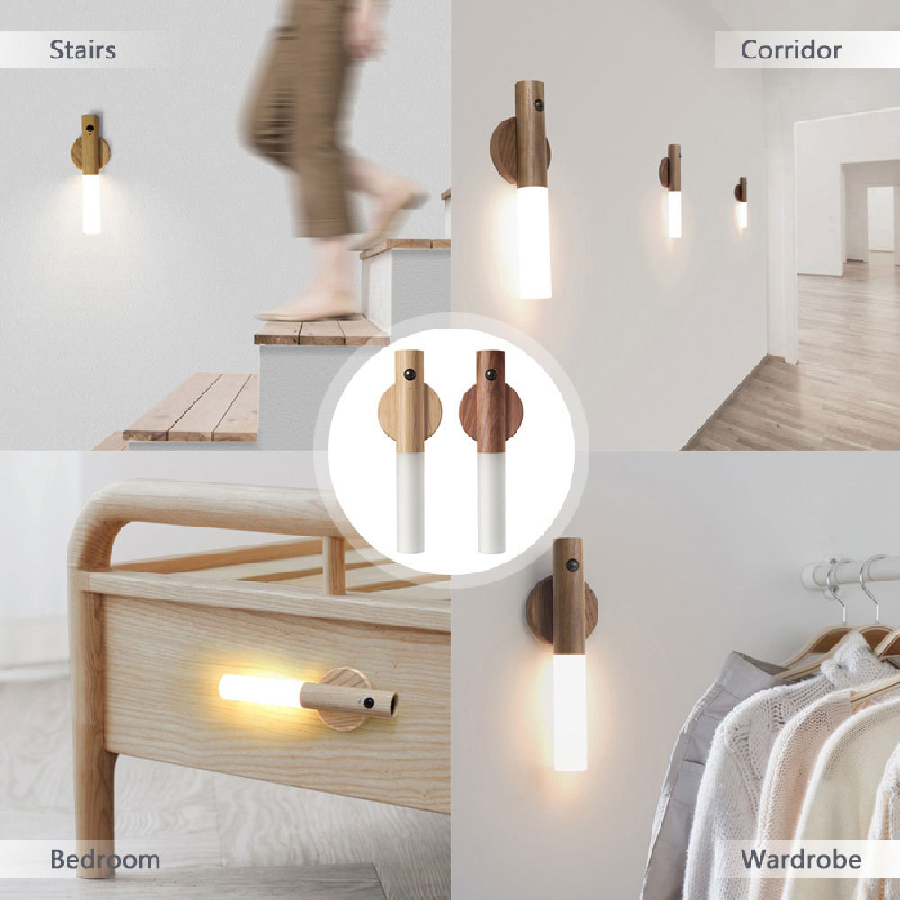 Auto LED USB Magnetic Wood Wireless Night Light Corridors Porch Lights PIR Motion Sensor Wall Light Cabinet Lamp - Image 8
