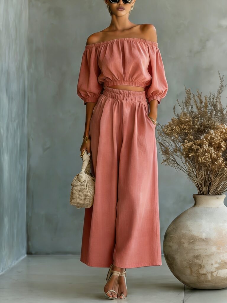 Casual Solid-color Cotton And Linen Top With High-waisted Wide-leg Pants