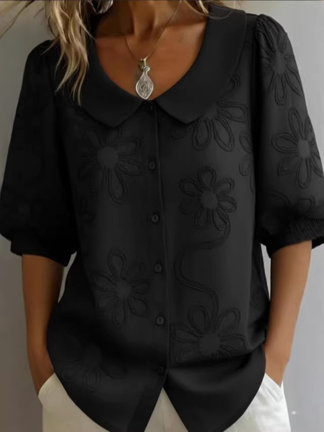 Loose-fit Retro Buttoned 3D Embroidered Floral Shirt - Image 8