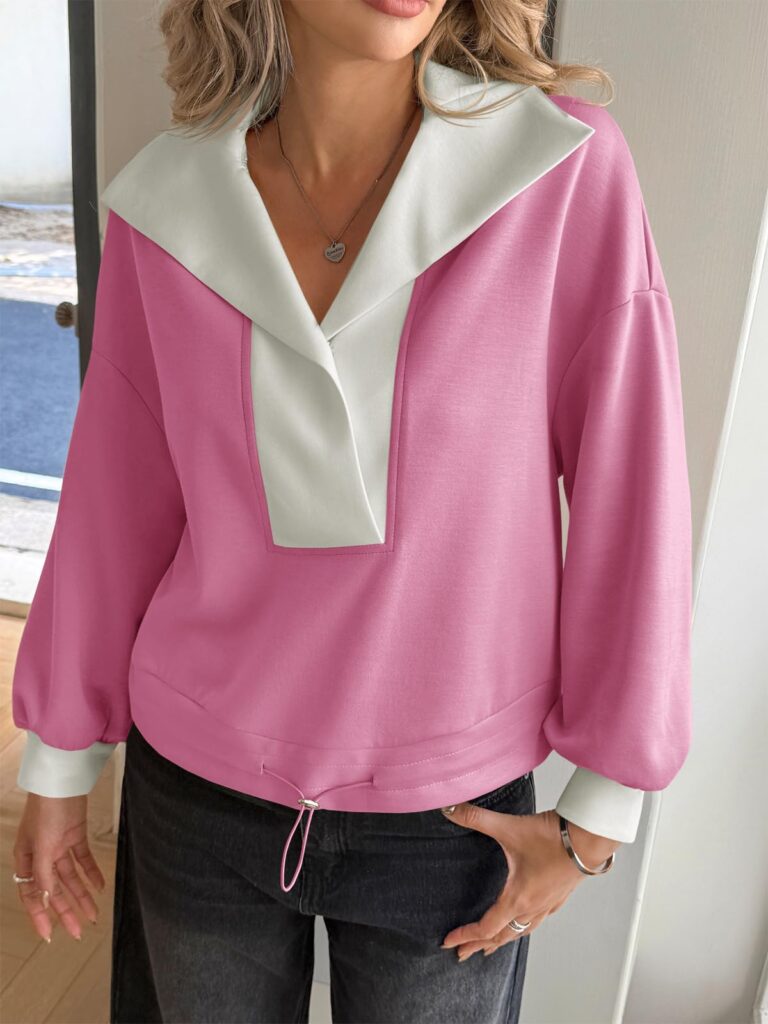 Fisoew Womens Cropped Oversized Sweatshirt Casual Lapel V Neck Long Sleeve Contrast Drawstring Loose Fit Fall Pullover Tops