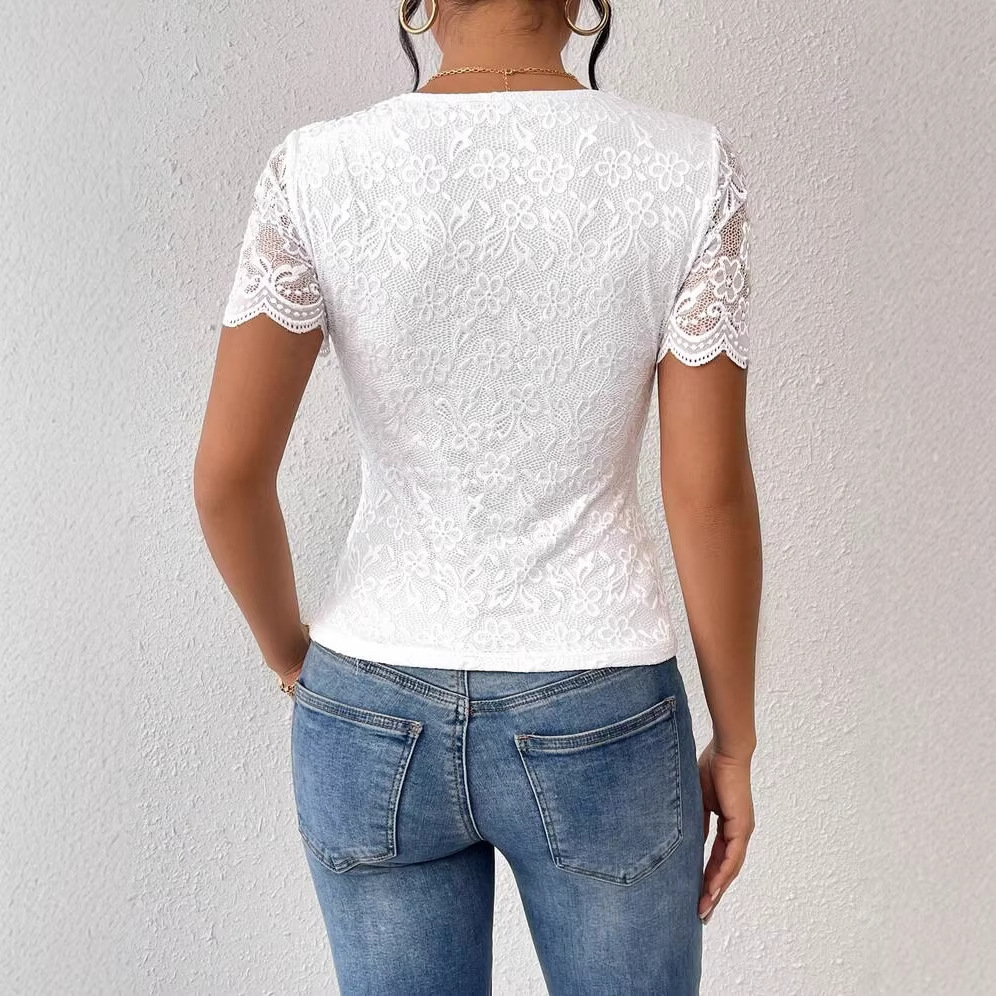 Womens Solid-Color Sexy Lace V-Neck Short-Sleeve Lace Base Top - Image 3