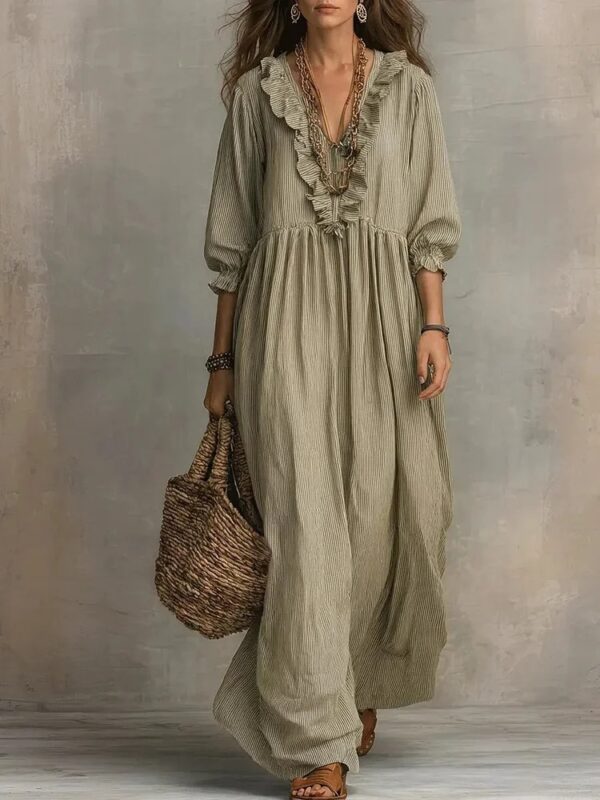 Womens Striped Ruffle-Trimmed Loose High-Waist V-Neck Dress - Image 11