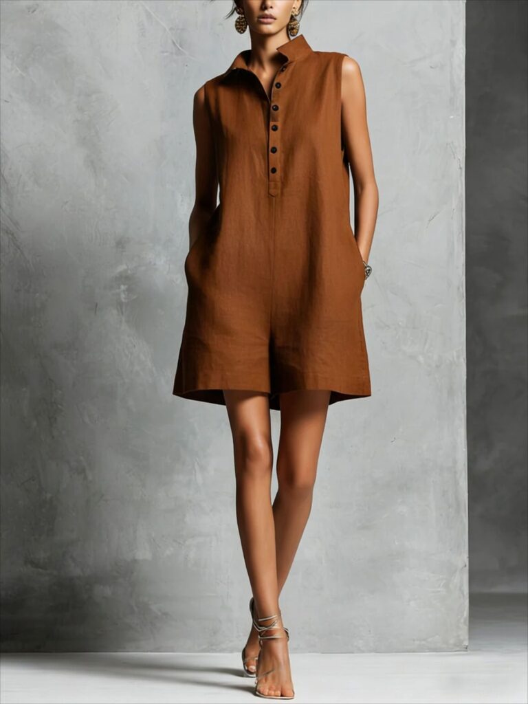 Women's Casual Lapel-Neck Sleeveless Short Jumpsuit