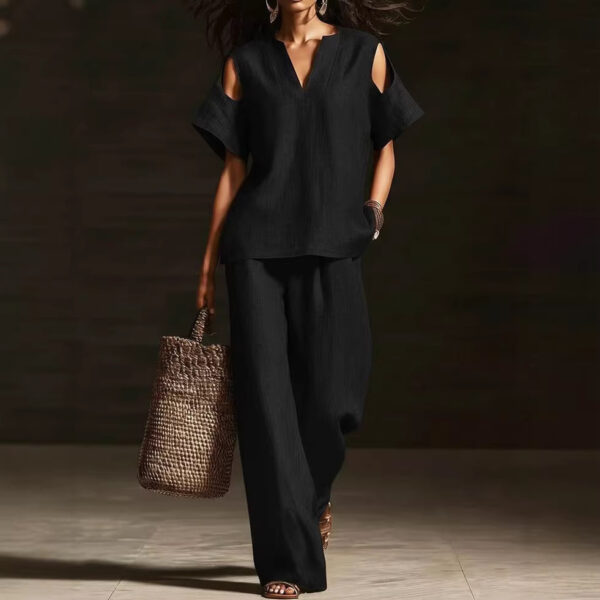 Womens Solid-Colored V-Neck Straight-Leg Pants Short-Sleeve Set With Ripped Details - Image 2