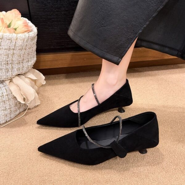 French Gentle Style Pointed Toe Kitten Heel Pumps With Rhinestone Strap - Image 5