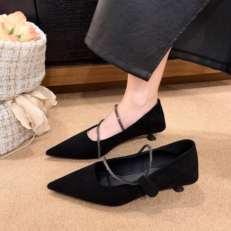 French Gentle Style Pointed Toe Kitten Heel Pumps With Rhinestone Strap - Image 5
