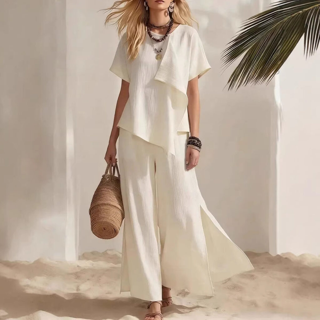 Casual Asymmetrical Short-sleeve Top And Slit Wide-leg Pants Set