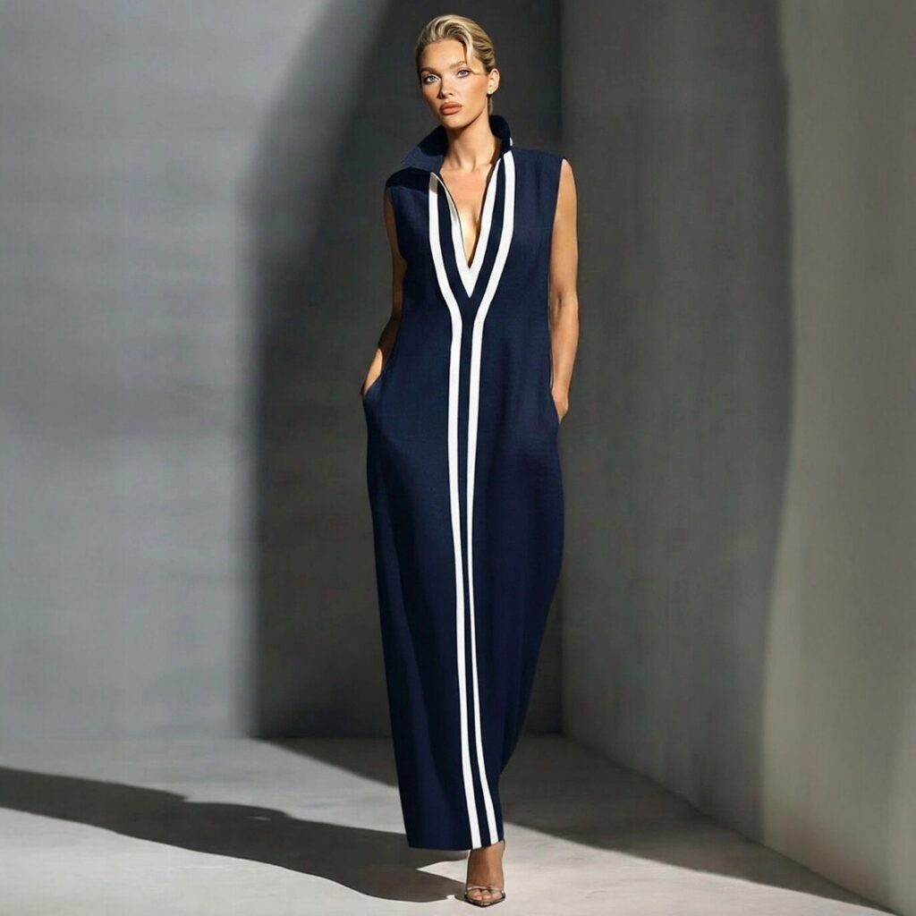 V-neck Sleeveless Contrast-striped Maxi Dress