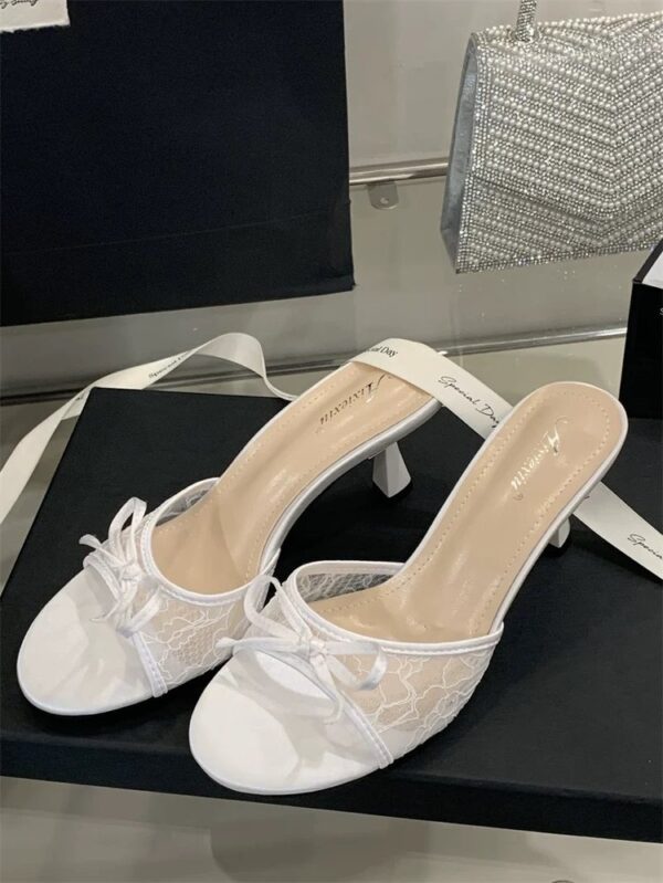 French Style Lace Bow Kitten Heel Mules For Women - Image 5