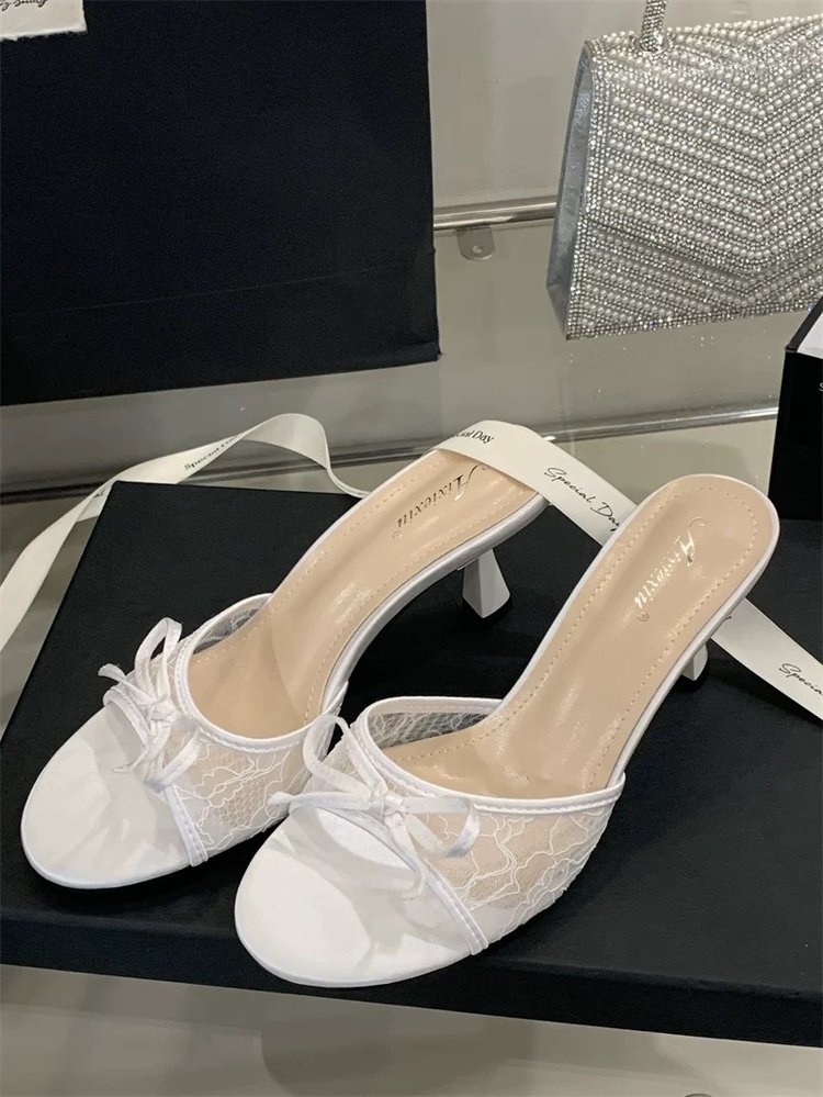 French Style Lace Bow Kitten Heel Mules For Women - Image 5