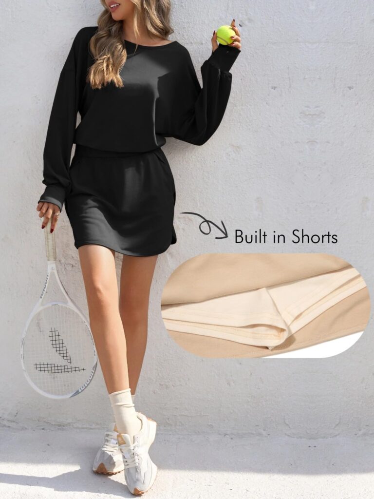 Fisoew Womens Long Sleeve Athletic Dress Backless Keyhole Built-in Shorts Oversized Workout Active Dresses