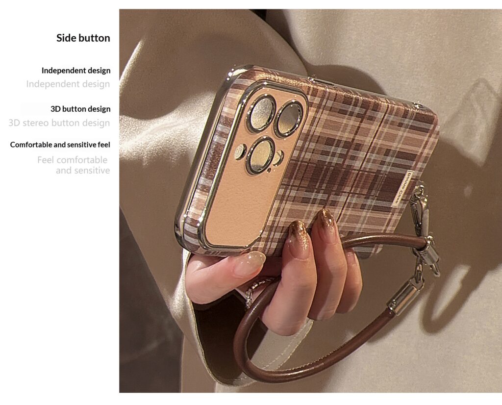 Brown Plaid Phone Case With A Drop-proof Lanyard