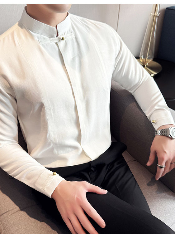 Men's Solid Color Stand Collar Long-sleeved Shirt - Image 2