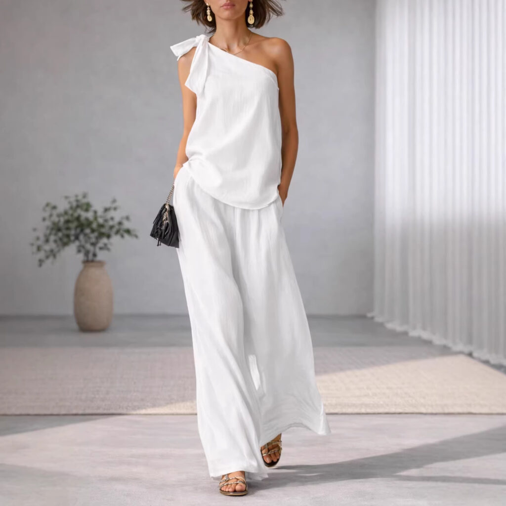 Sleeveless One-shoulder Top With Tie Detail And Wide-leg Pants