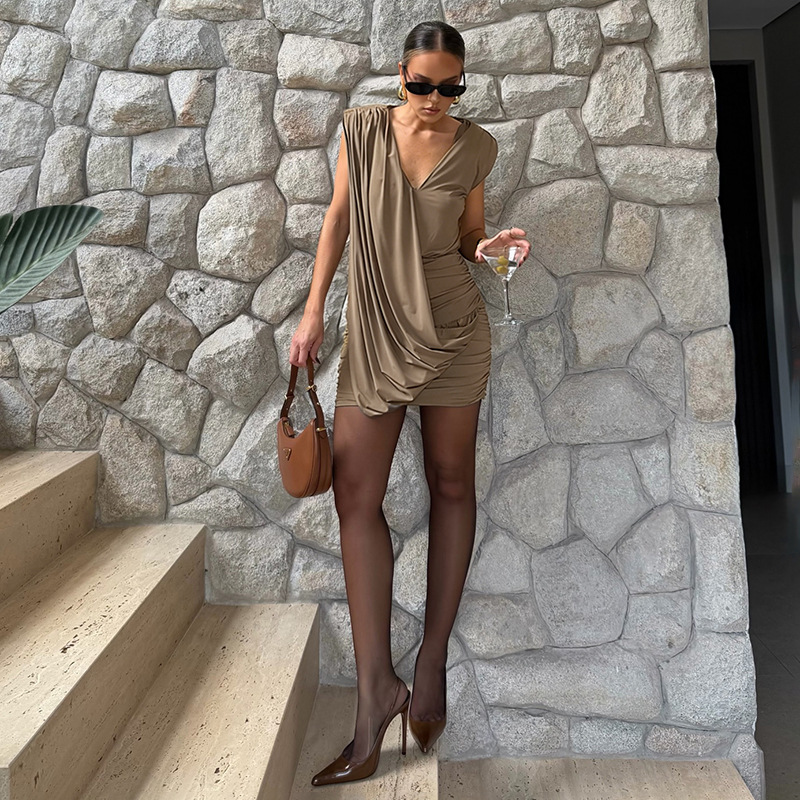 Designer Deep V-Neck Sleeveless Pleated Dress For Women - Image 8