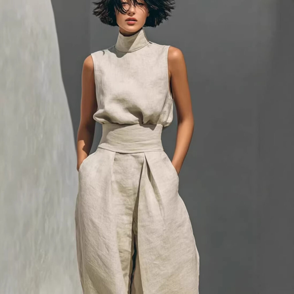 Womens Simple Cotton-Linen Blend Sleeveless Top And Wide-Leg Pants