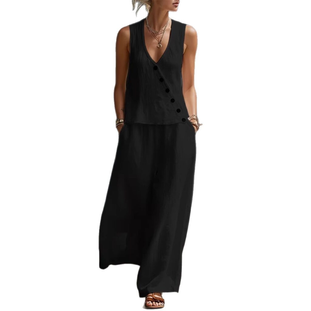 Sleeveless V-neck Button-up Top And Solid-color Pants Casual Set