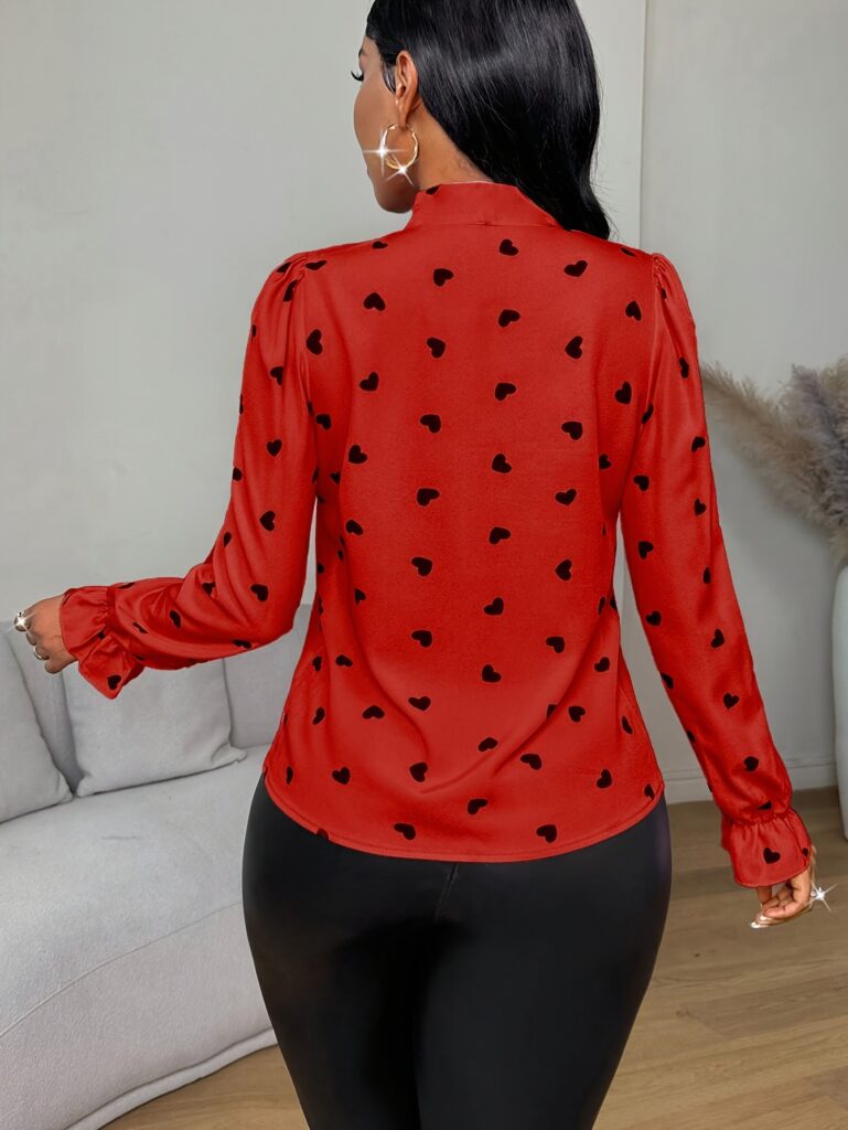 Printed Collared Ruffle-Trimmed Long-Sleeve Womens Shirt