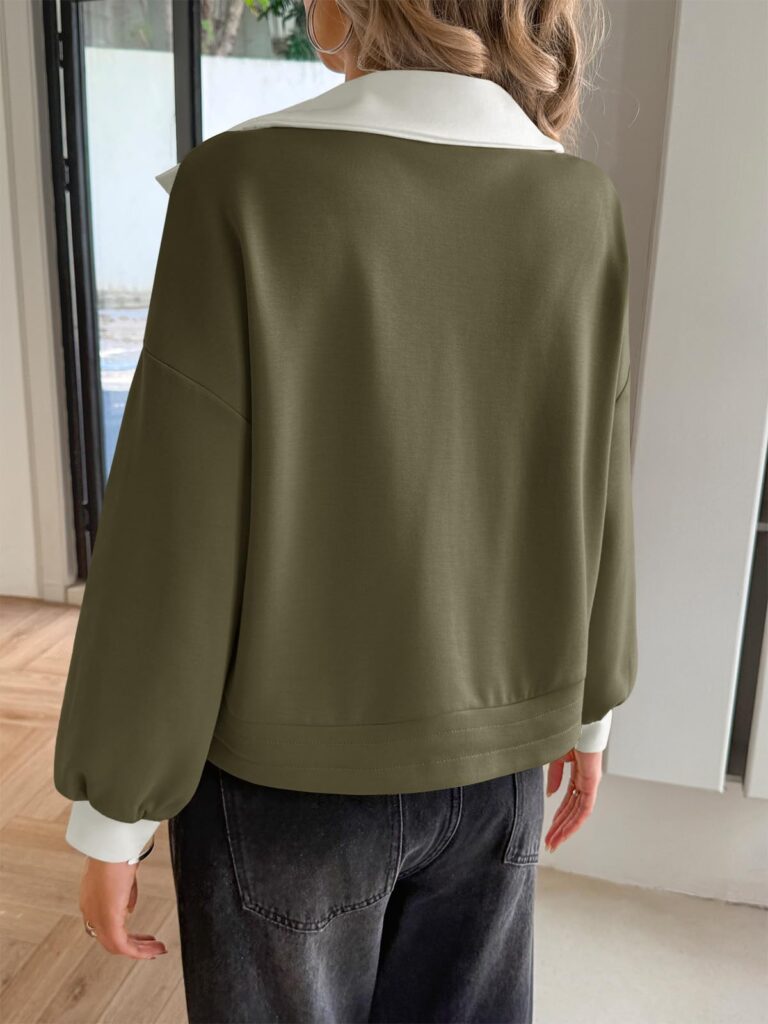 Fisoew Womens Cropped Oversized Sweatshirt Casual Lapel V Neck Long Sleeve Contrast Drawstring Loose Fit Fall Pullover Tops