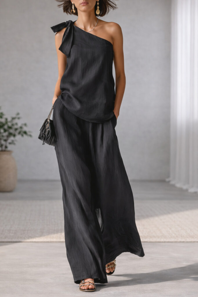 Sleeveless One-shoulder Top With Tie Detail And Wide-leg Pants