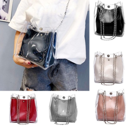 Fashionable transparent bag chain bucket bag female summer new style Korean edition fashionable child mother one shoulder cross body bag