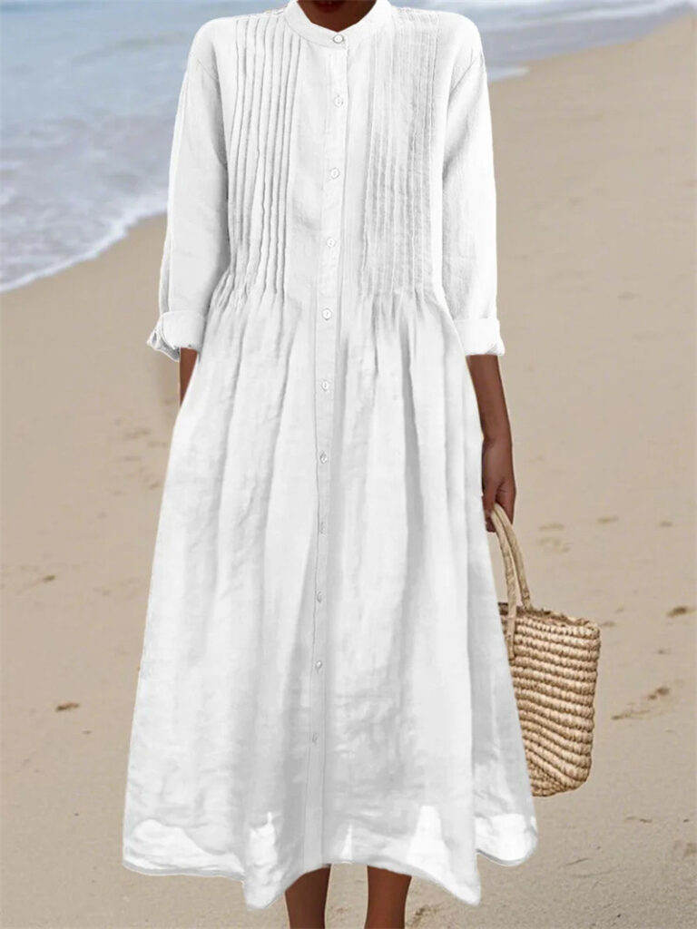 Long-sleeve Cotton-linen Womens Dress With A Shirt Collar