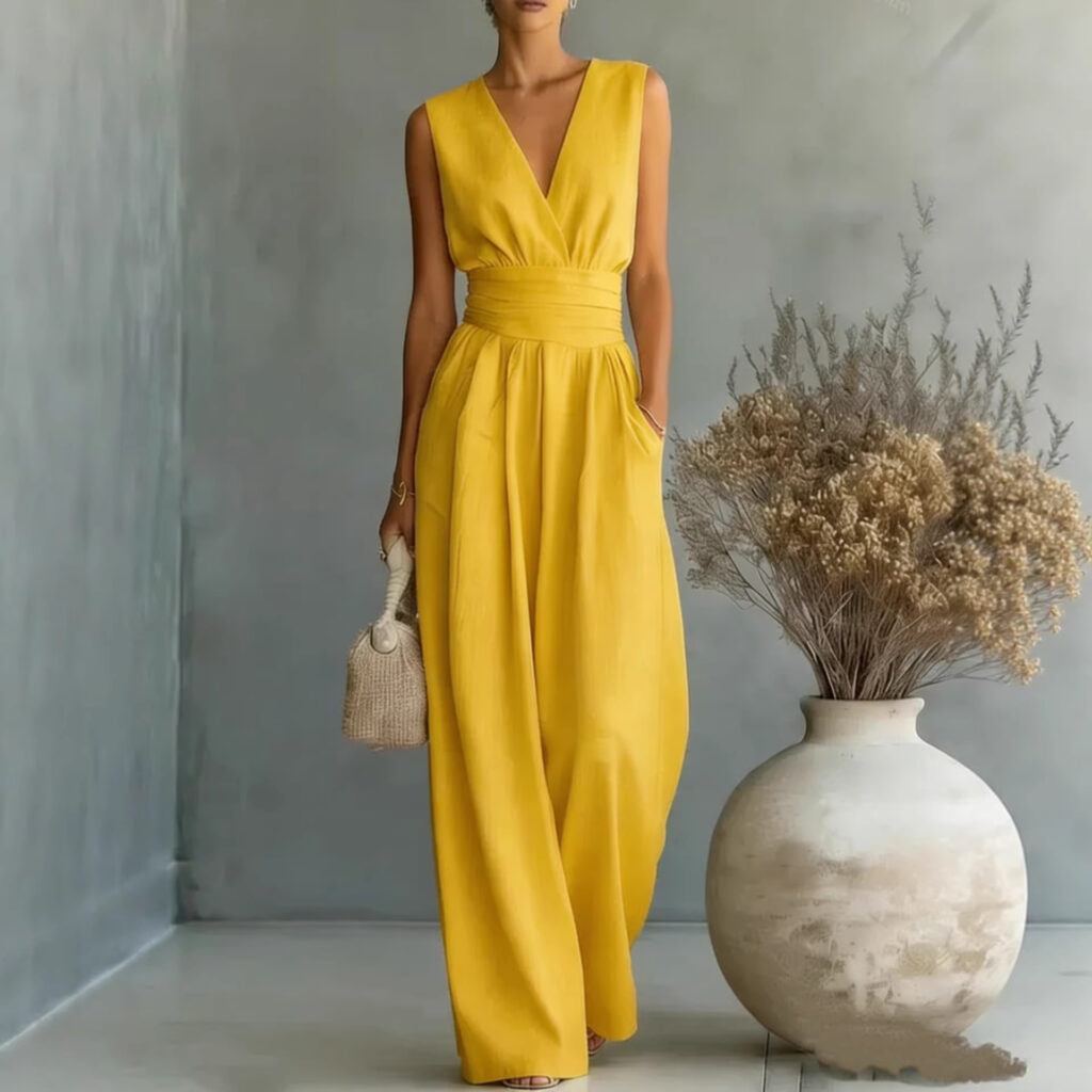 Womens Elegant Sleeveless Waist-Cinching V-Neck Sophisticated Jumpsuit