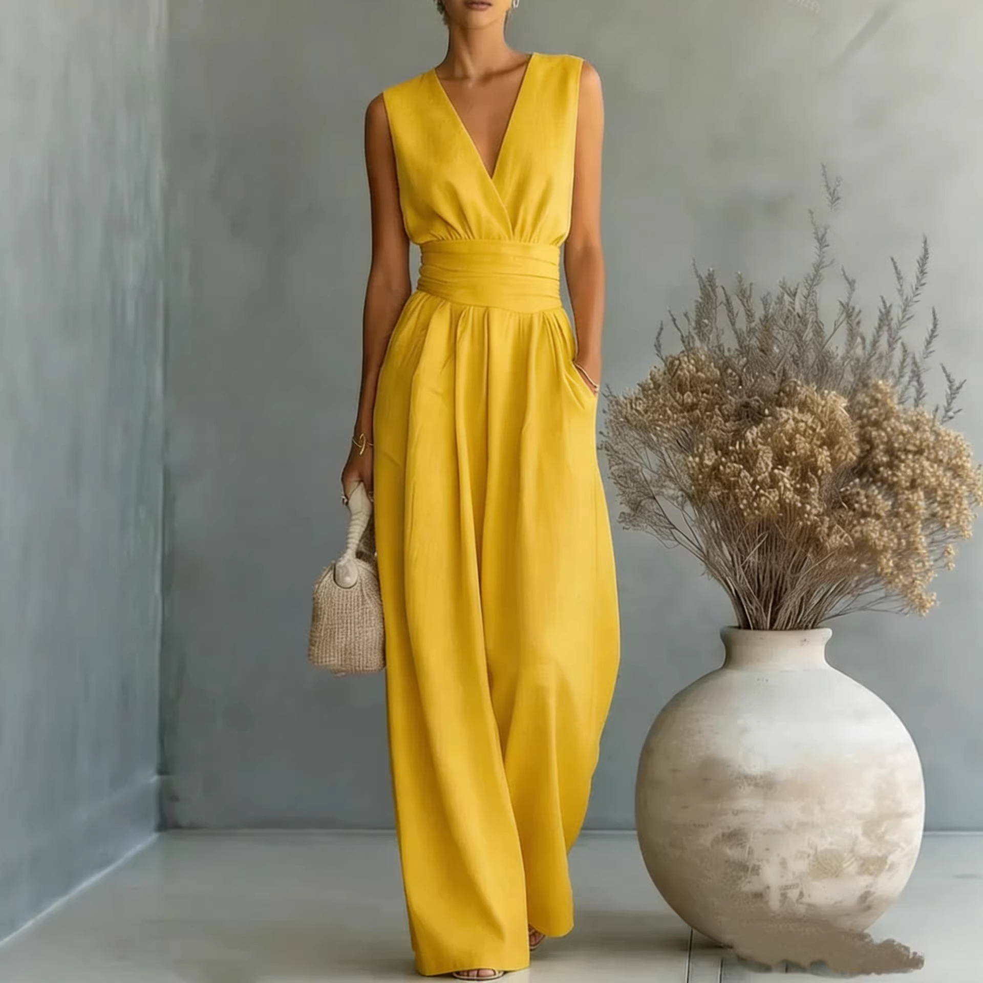 Womens Elegant Sleeveless Waist-Cinching V-Neck Sophisticated Jumpsuit - Image 8