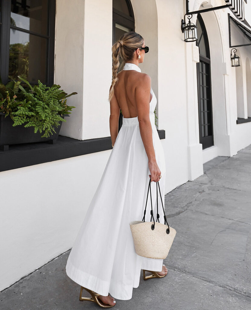 White Cotton Sleeveless Halter Dress