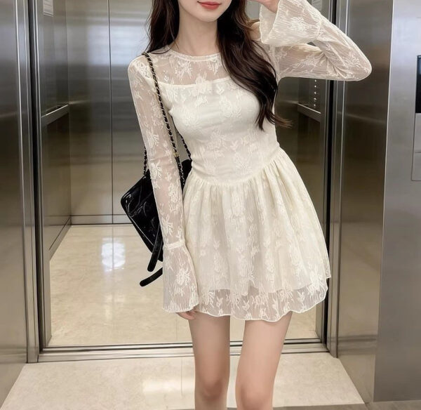Korean-style Milk Apricot Long-Sleeve Lace Patchwork Dress - Image 11