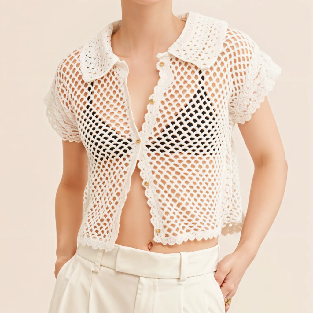Knitted Cardigan Resort Style With A Turn-down Collar And Short Sleeves