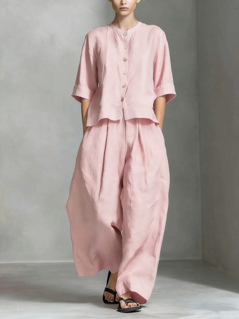 Solid-color Cotton-linen Shirt And Loose-fitting Trousers Two-piece Set