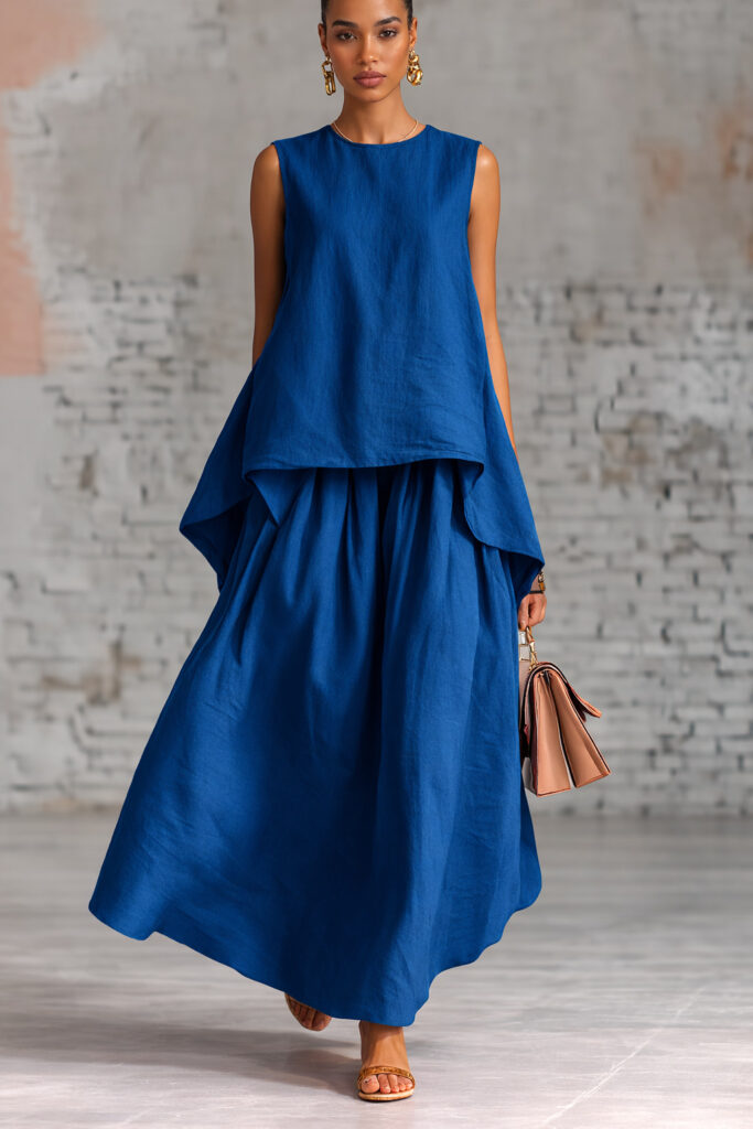 Elastic-waist Sleeveless Top With An Asymmetrical Hem And A Pleated Maxi Skirt