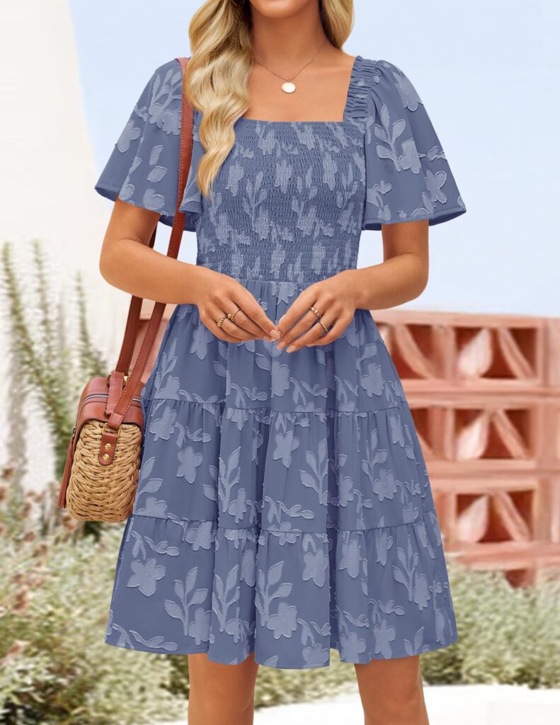 Short-sleeve Square-neck Flowy Floral Dress