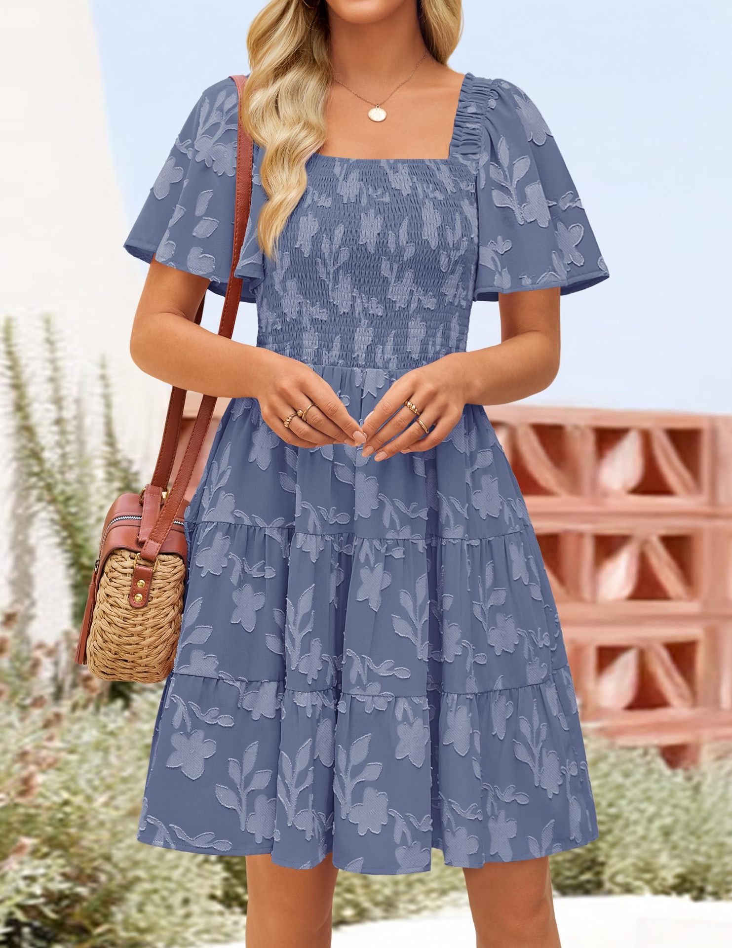 Short-sleeve Square-neck Flowy Floral Dress - Image 22