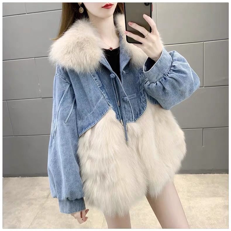 Denim Parka Womens Short Leather Faux Fox Fur Coat - Image 16