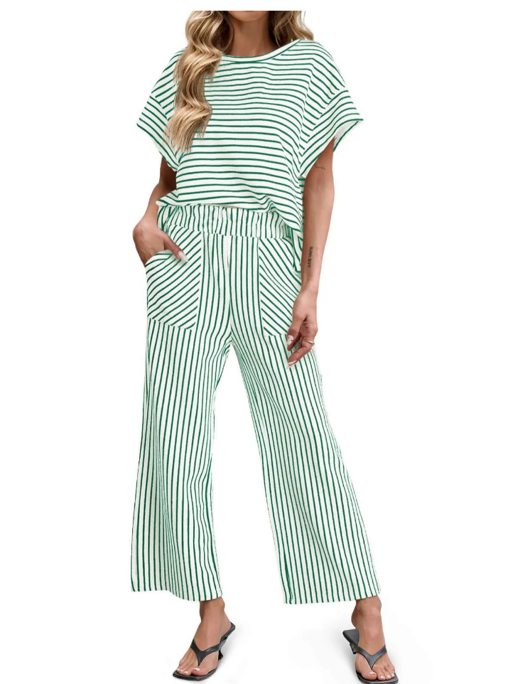Womens Striped Short-Sleeve T-Shirt And Wide-Leg Pants Set With Pockets - Image 11