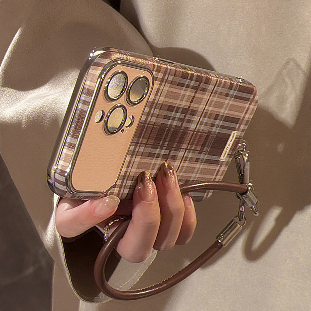 Brown Plaid Phone Case With A Drop-proof Lanyard