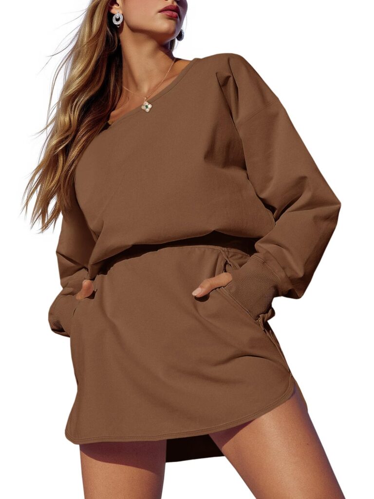Fisoew Womens Long Sleeve Athletic Dress Backless Keyhole Built-in Shorts Oversized Workout Active Dresses