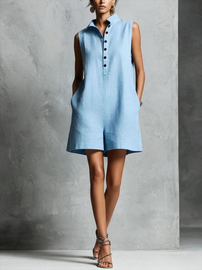 Women's Casual Lapel-Neck Sleeveless Short Jumpsuit